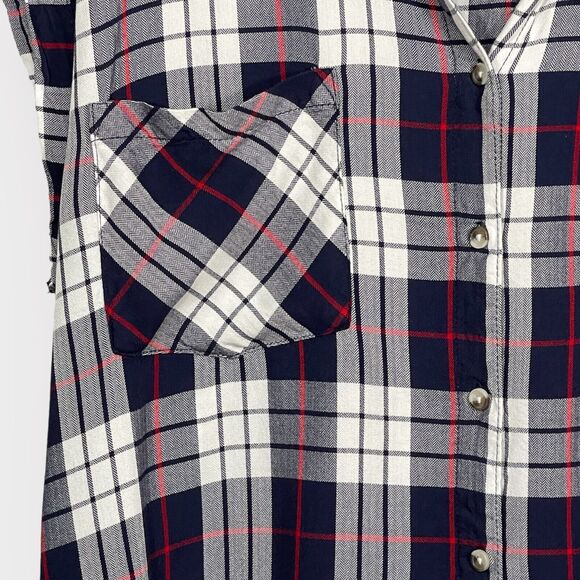 JACHS Girlfriend Button Up Top Women Size XXL Navy Red Plaid Cap Sleeve Pockets - Picture 5 of 11
